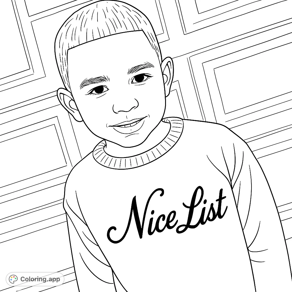 A charming boy in a cozy sweater featuring 'Nice List' text. Perfect for holiday spirit, this printable boy coloring page offers a delightful, festive scene.
