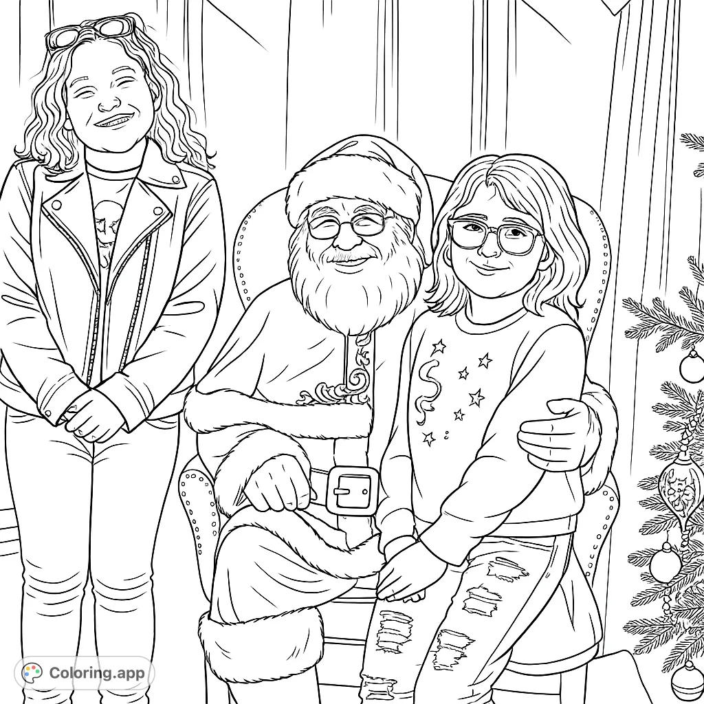 A heartwarming holiday scene featuring Santa Claus seated with two smiling children, ready for festive coloring fun. Perfect for family celebrations.