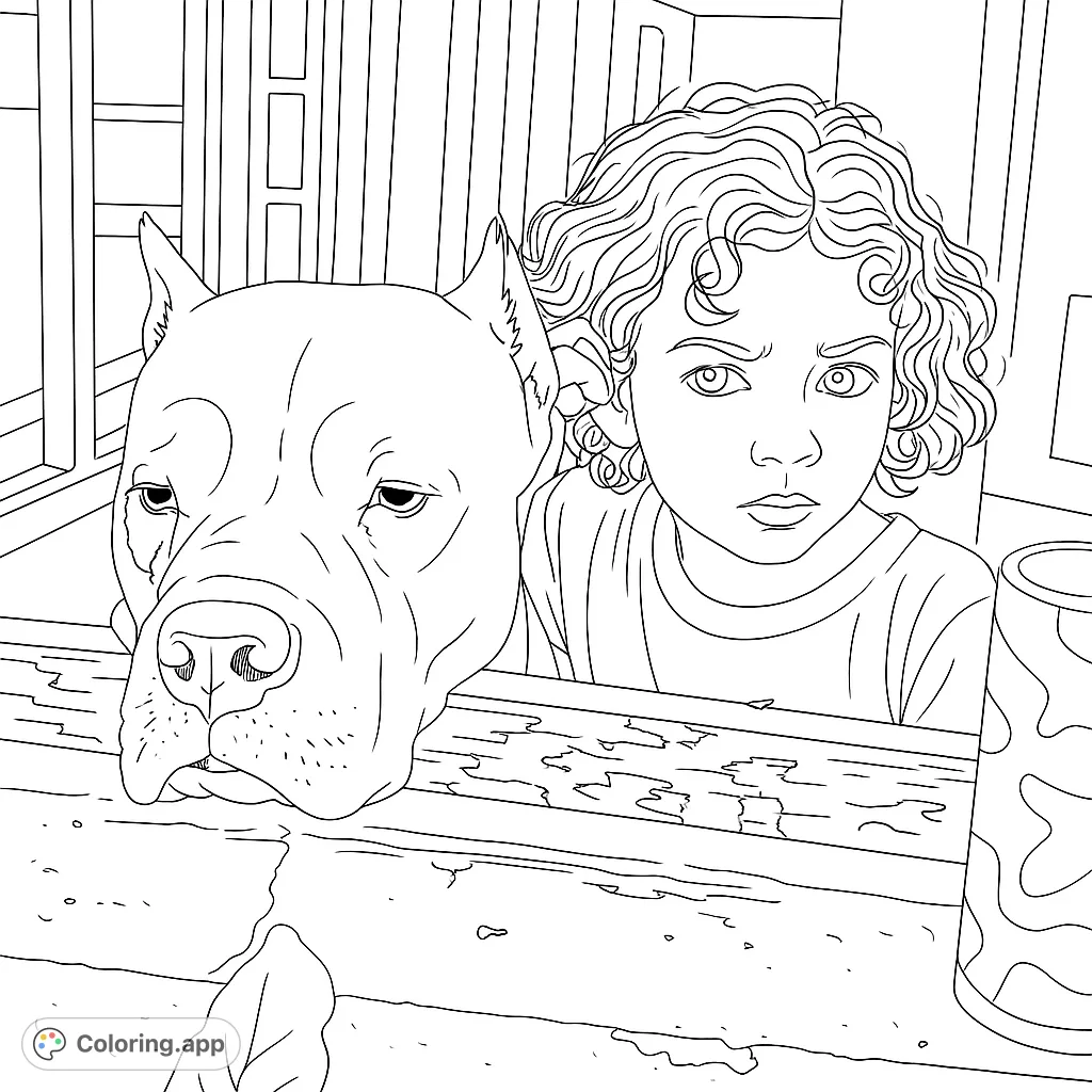 A heartwarming child and dog duo peeking over a rustic barrier. Perfect for a calming coloring experience exploring friendship and companionship.