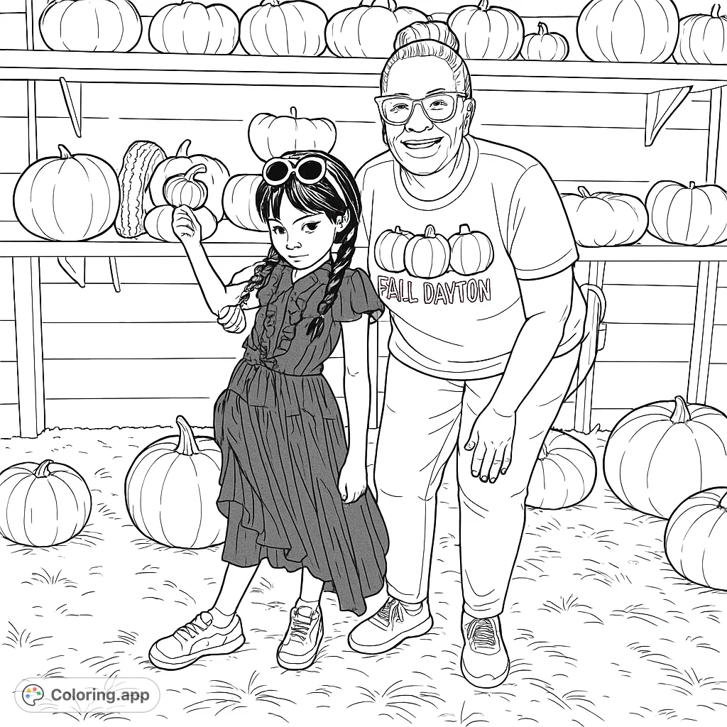 A delightful pumpkin patch scene featuring an adult and a playful child. Celebrate autumn fun with various pumpkins, gourds, and a heartwarming pose.