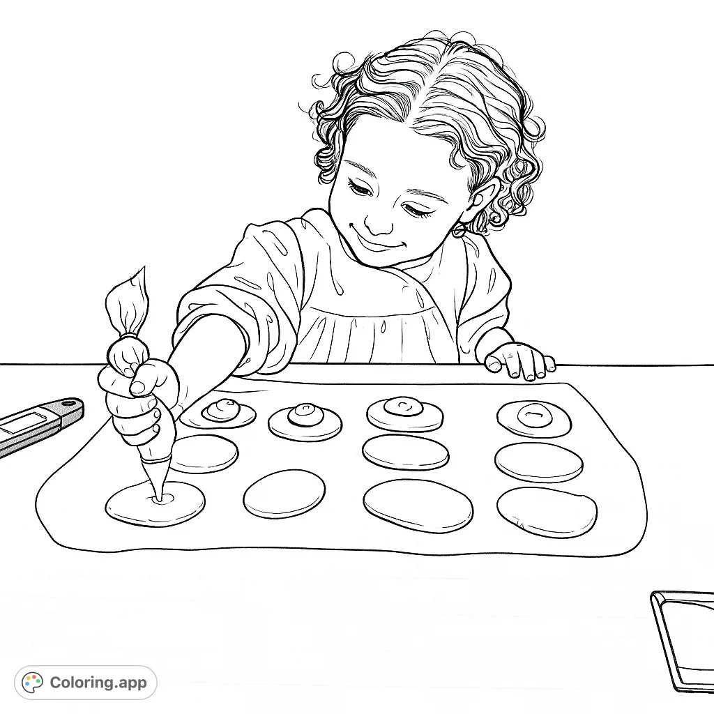 Capture the joy of baking with this delightful coloring page featuring a child carefully decorating oval-shaped pastries with a piping bag on a patterned table.