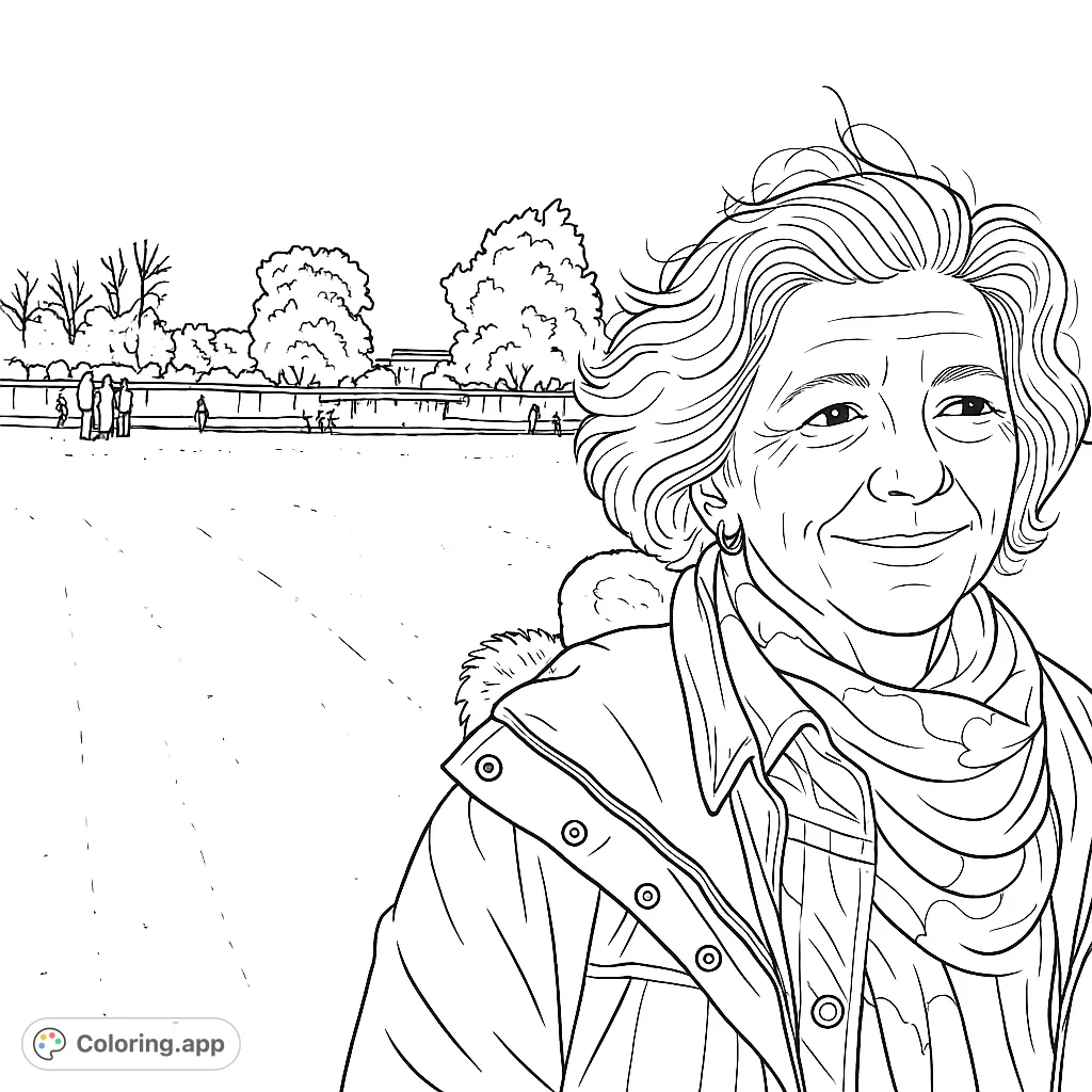 A serene woman with windswept hair smiles in a vast park, featuring a water element, distant trees, and figures. A peaceful outdoor scene to color.