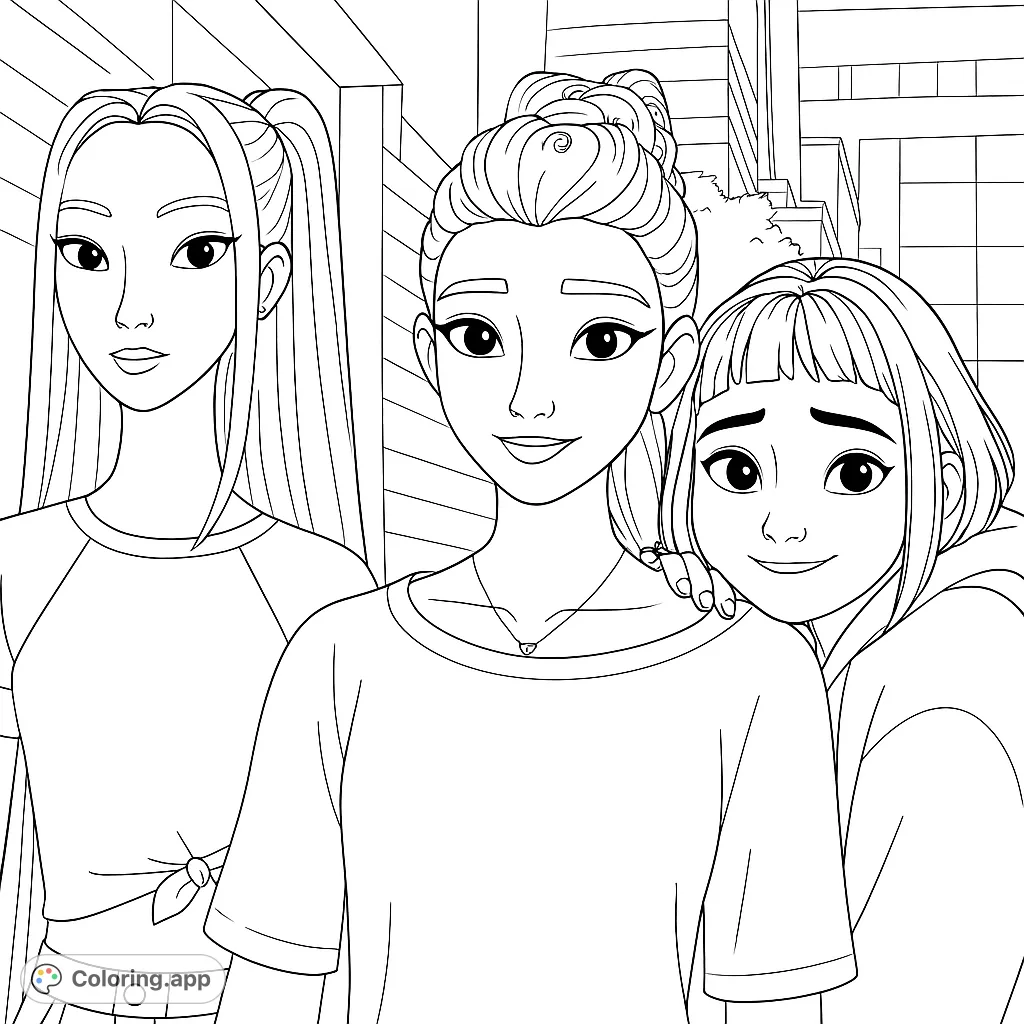 Color a dynamic scene featuring three animated friends with unique hairstyles and casual fashion, posing together against a city backdrop. Perfect for fans of stylish characters.