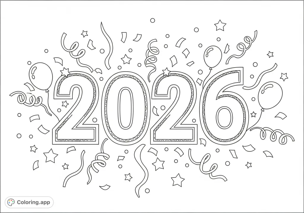 Welcome the future with this vibrant 2026 coloring page! Featuring bold numbers surrounded by festive confetti, stars, and streamers, it's perfect for all ages.