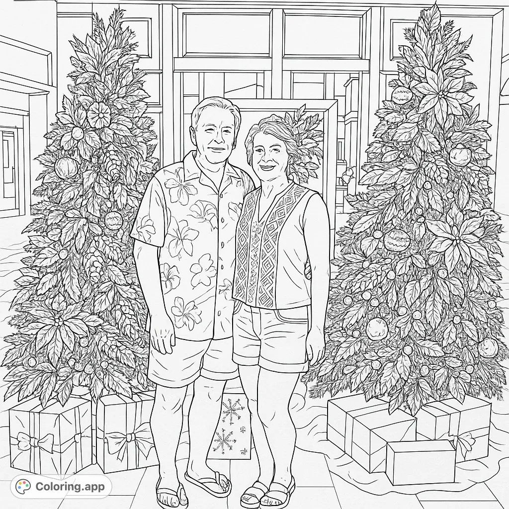A joyous couple stands surrounded by grand, ornately decorated holiday trees and wrapped presents, ready for creative coloring.
