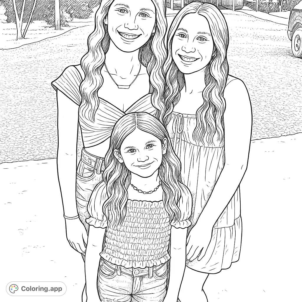 Capture joy with this charming coloring page featuring three smiling siblings in an outdoor setting. Express your creativity on their intricate outfits and flowing hair.