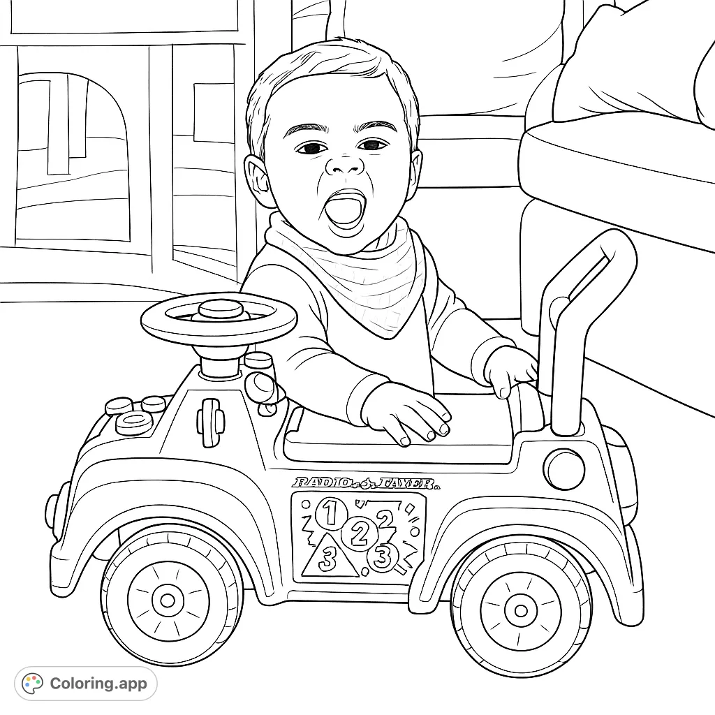 A delightful scene featuring a happy toddler standing behind a fun toy ride-on car. Perfect for young enthusiasts to color and enjoy!