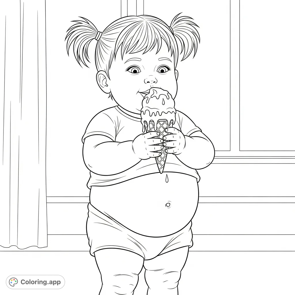A delightful free printable toddler girl coloring page featuring a chubby toddler with pigtails enjoying a melting ice cream cone, with her adorable belly peeking out. Perfect for kids!