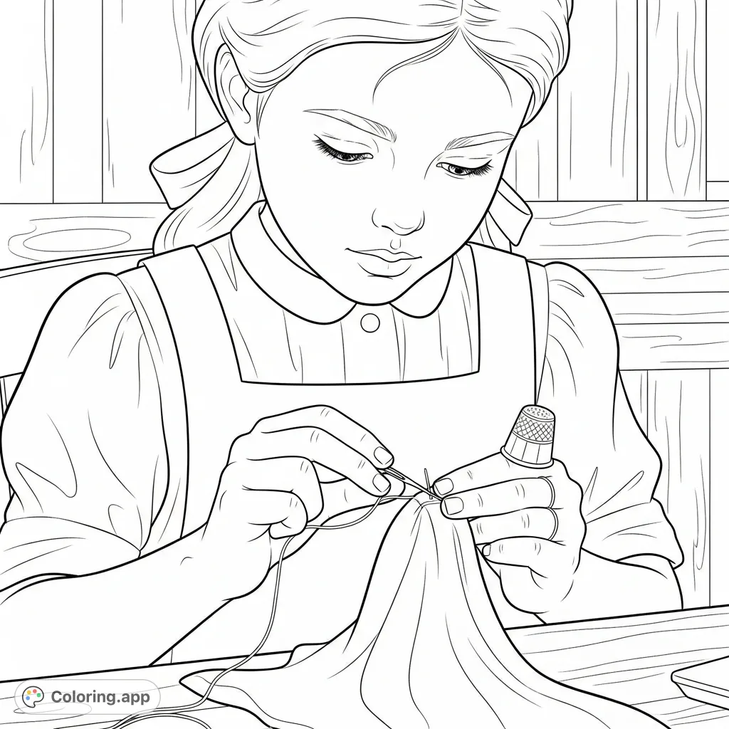 Discover a charming prairie-era child deeply focused on sewing in this detailed coloring page. Perfect for historical themes and mindful coloring.
