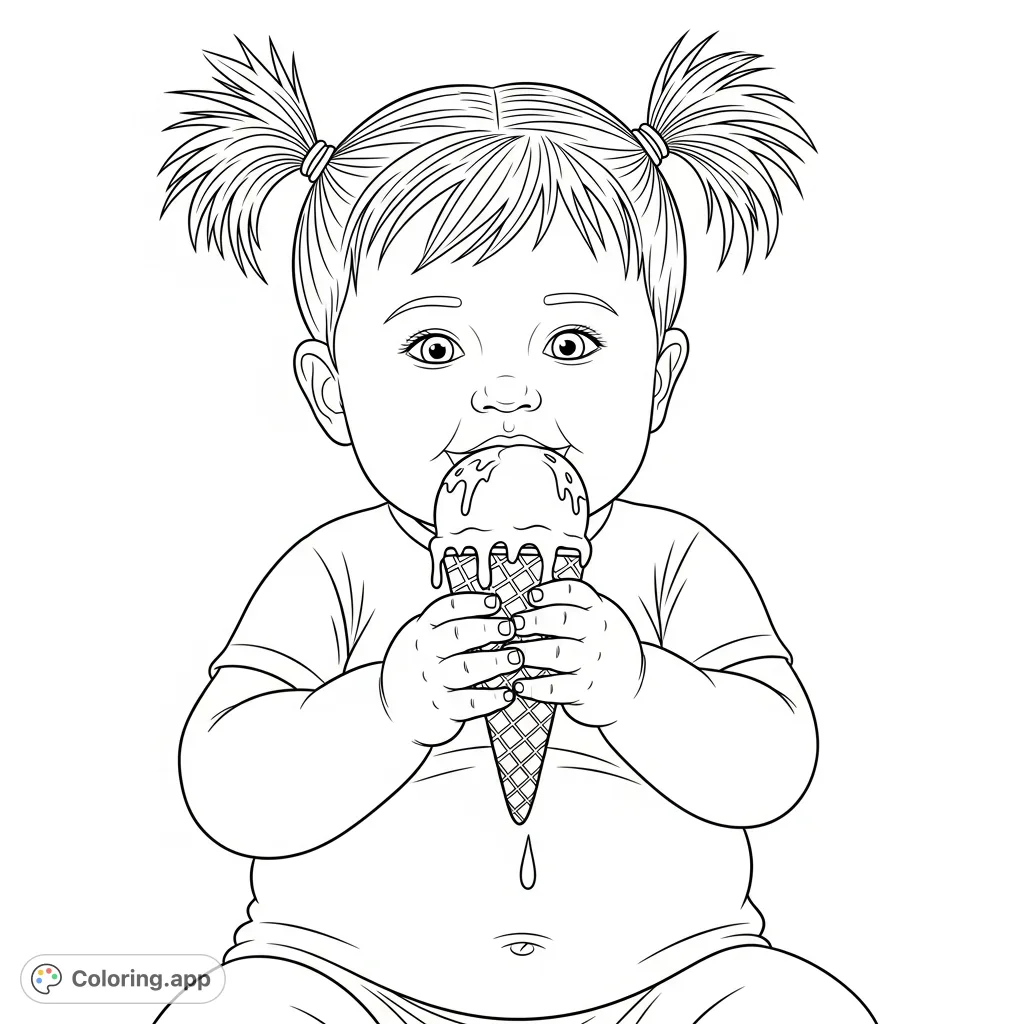 A charming toddler enjoys a melting ice cream cone, with pigtails and a visible tummy. A delightful and relatable scene for kids and parents alike.