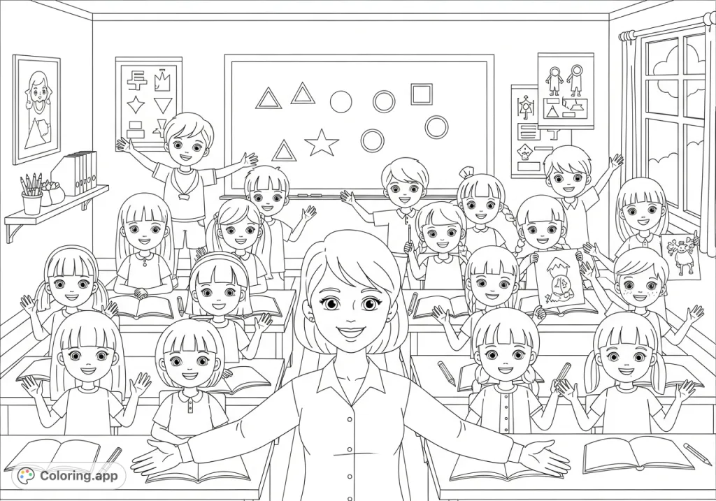 A cheerful classroom scene featuring a smiling female teacher and 19 happy students. A detailed school-themed coloring page, perfect for all ages.