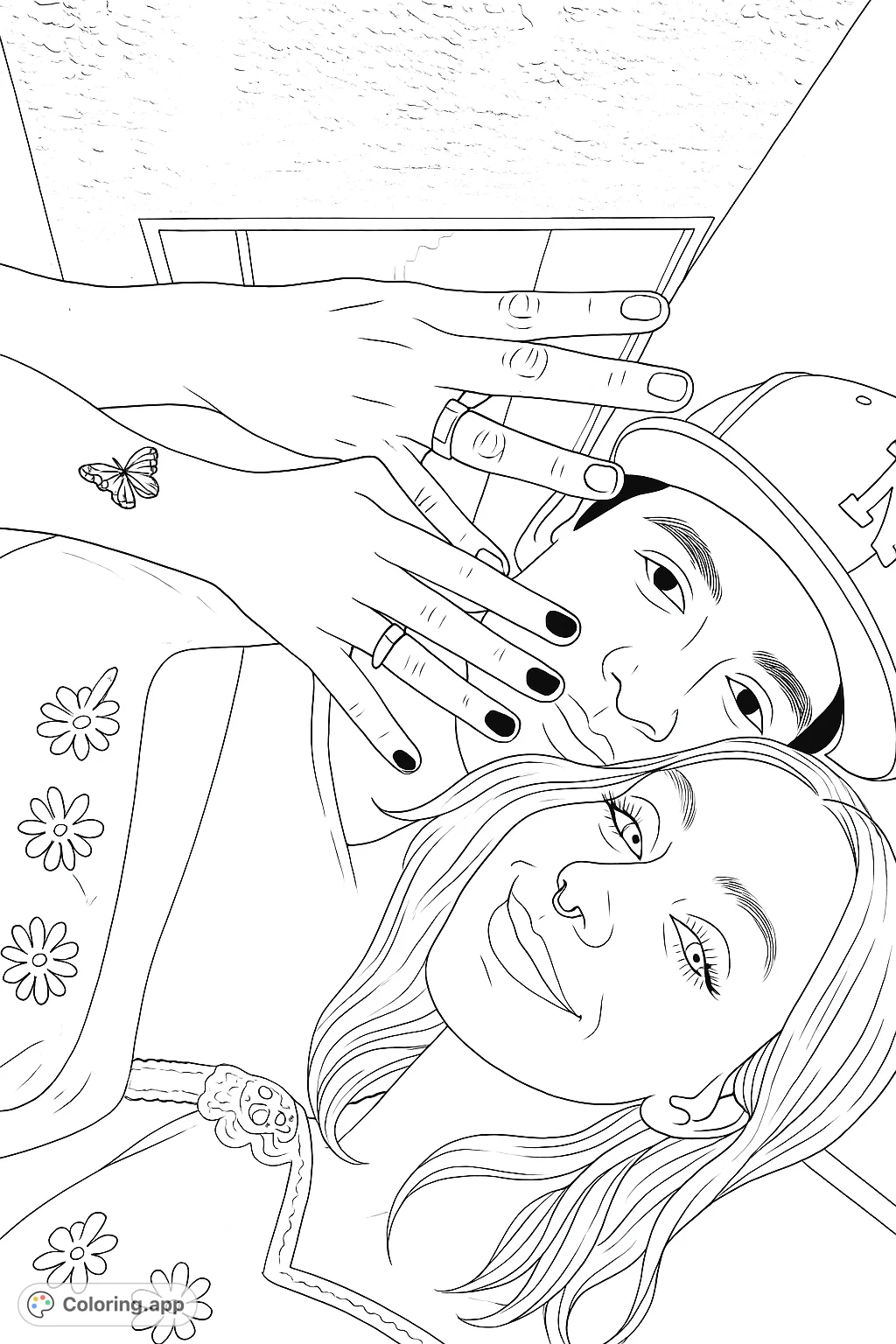 Capture a tender moment between two individuals in this portrait coloring page. Features a detailed butterfly tattoo, intricate lace patterns, and expressive faces.