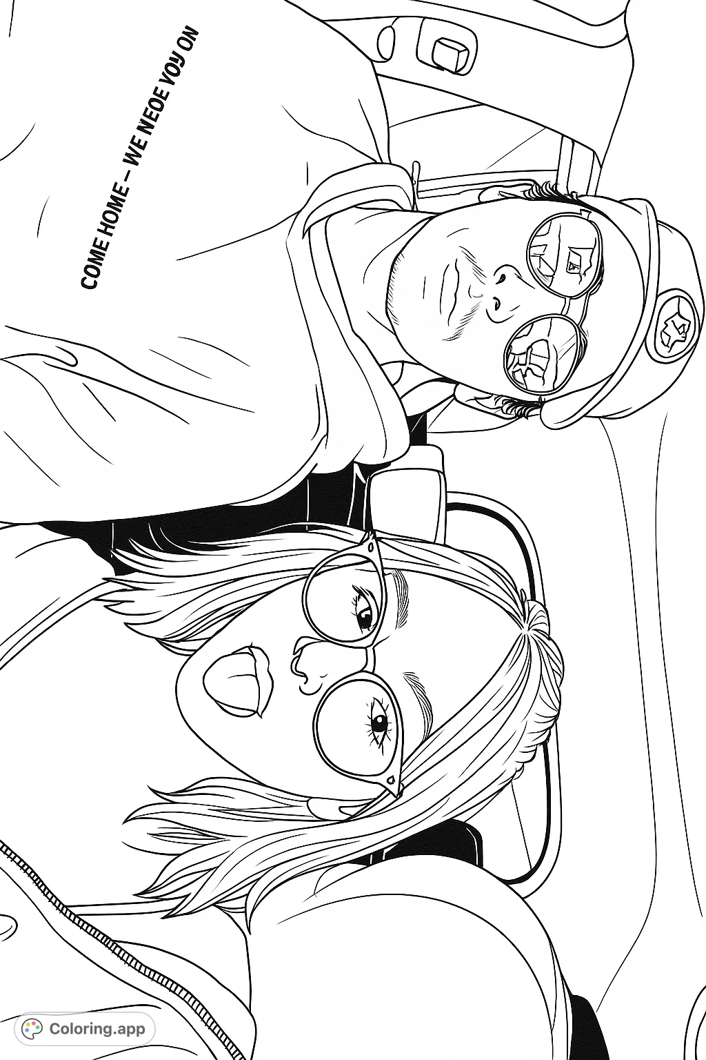 Capture a moment of relaxed connection with this modern casual portrait coloring page, featuring two individuals in a vehicle interior.