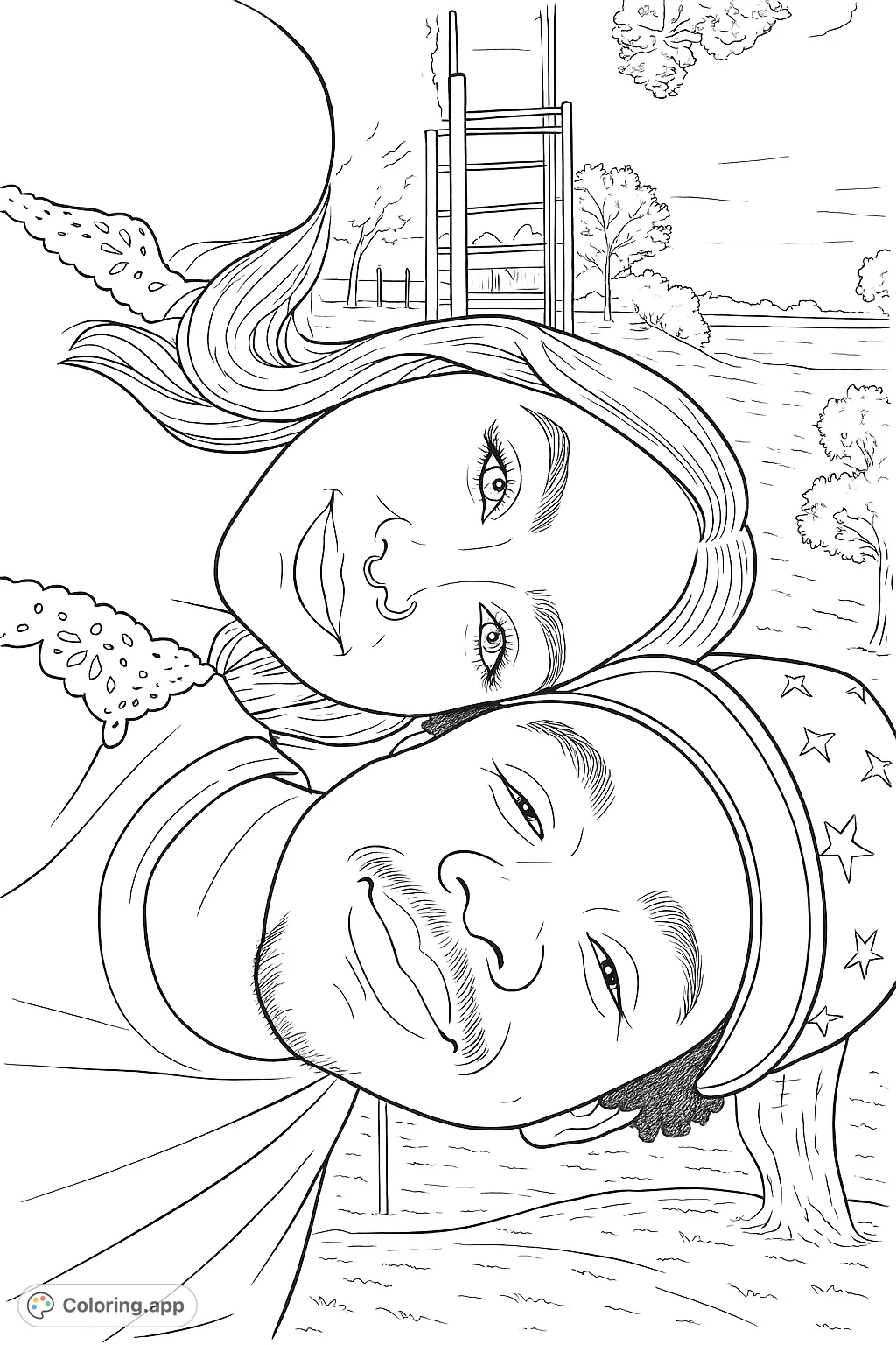 Capture a heartfelt moment with this two friends selfie coloring page. Features a detailed portrait against an outdoor setting, perfect for personalization.
