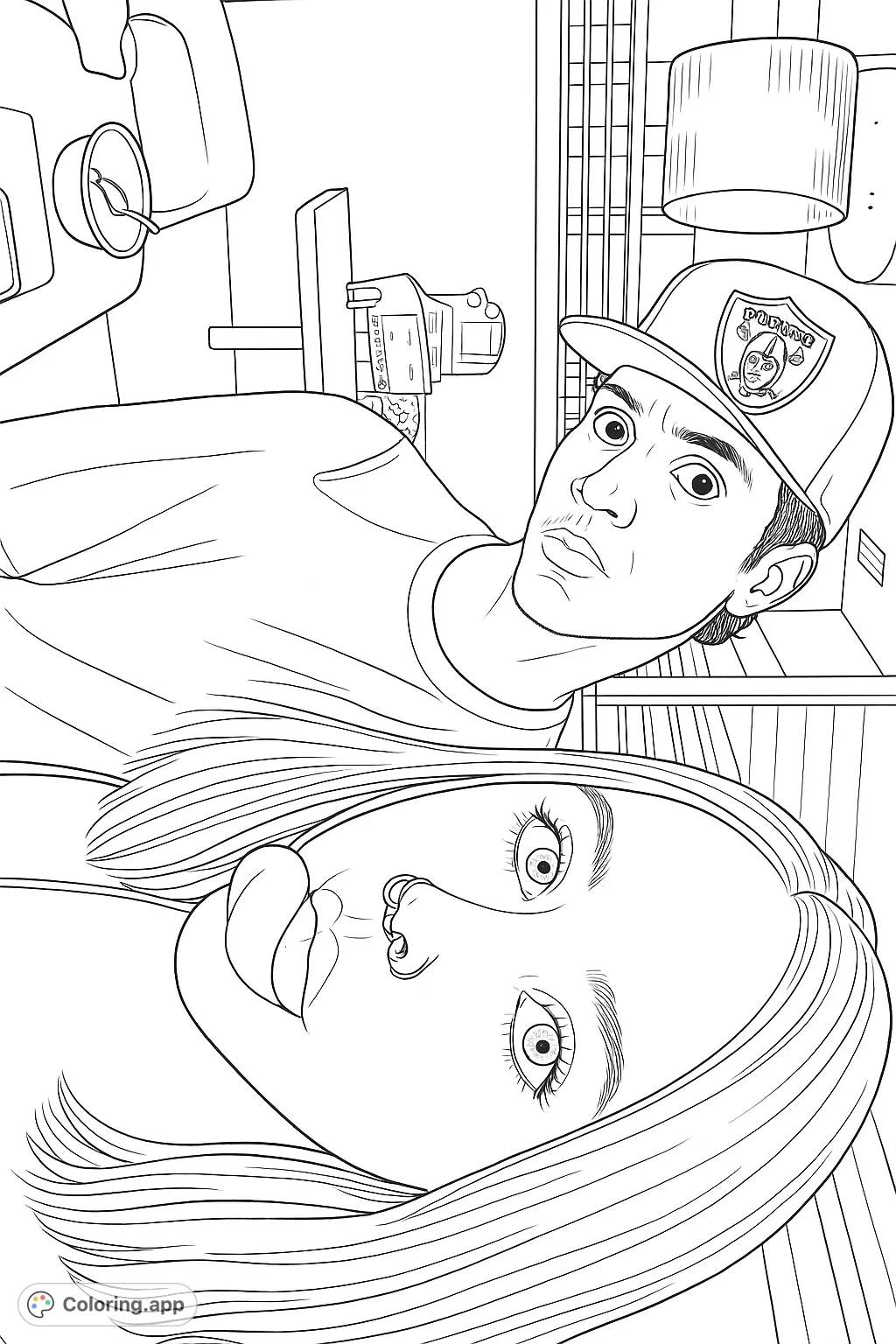 A fun coloring page featuring two individuals with expressive faces in a casual dining setting, perfect for capturing intricate details and personality.