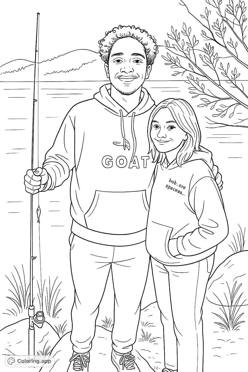 A charming couple enjoys a peaceful day of fishing by a serene lake, surrounded by rolling hills and natural beauty, perfect for a relaxing coloring session.
