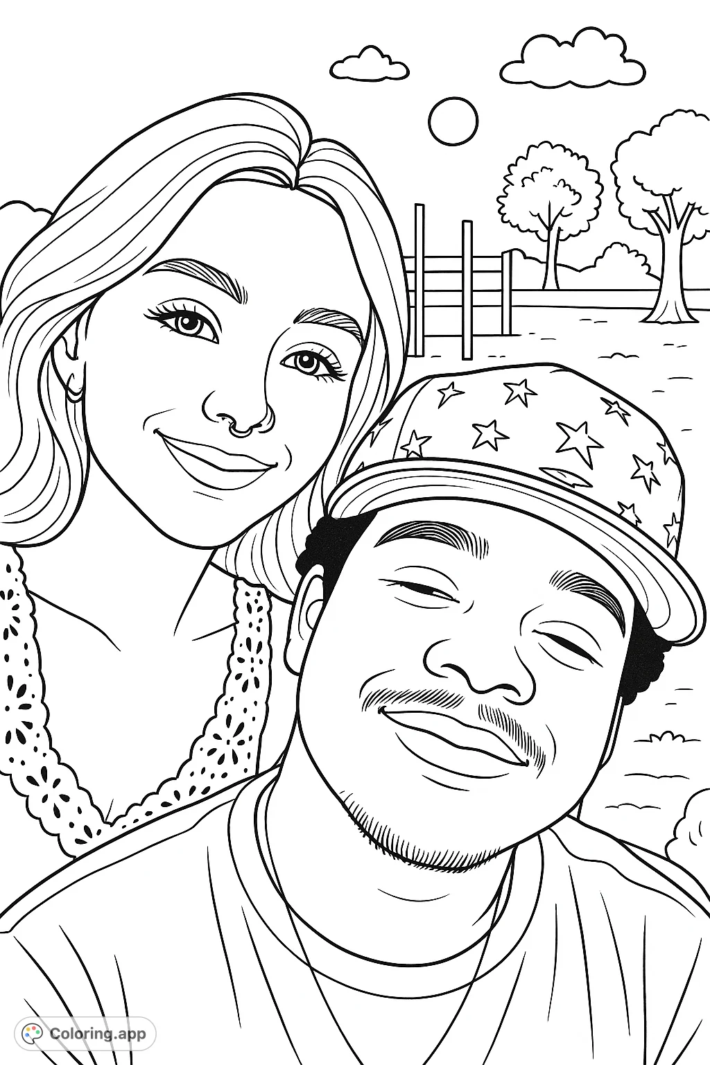 A heartwarming close-up of two friends or partners, capturing a moment outdoors with detailed facial features and patterned clothing, set against a subtle landscape.