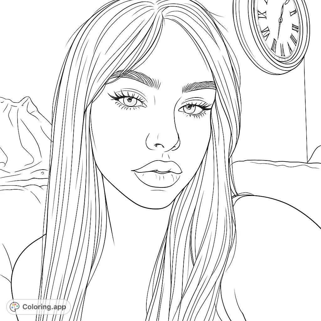 A captivating portrait of a young woman with long hair and distinct features. Includes subtle background elements like a wall clock, offering a personal coloring experience.