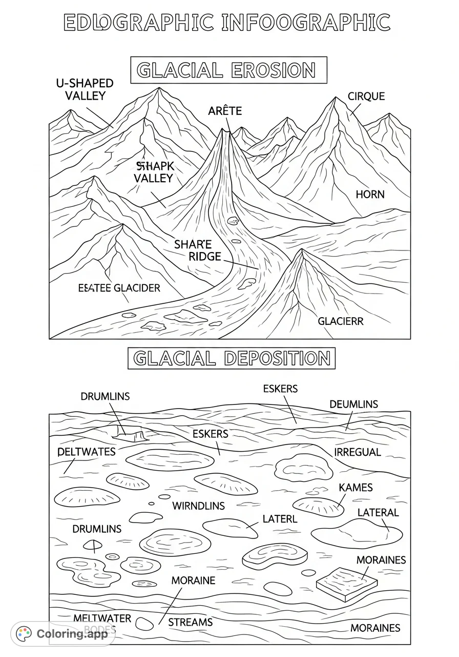 An educational infographic coloring page detailing landforms created by glacier erosion and deposition, perfect for learning Earth science concepts.