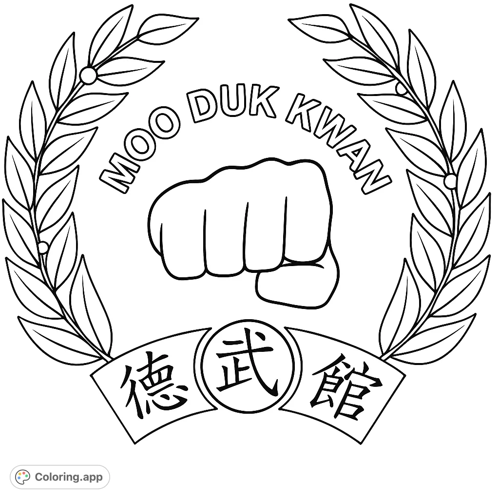 Color a powerful martial arts emblem featuring a strong fist, a graceful wreath of leaves and berries, and intricate characters on a banner. Perfect for enthusiasts.