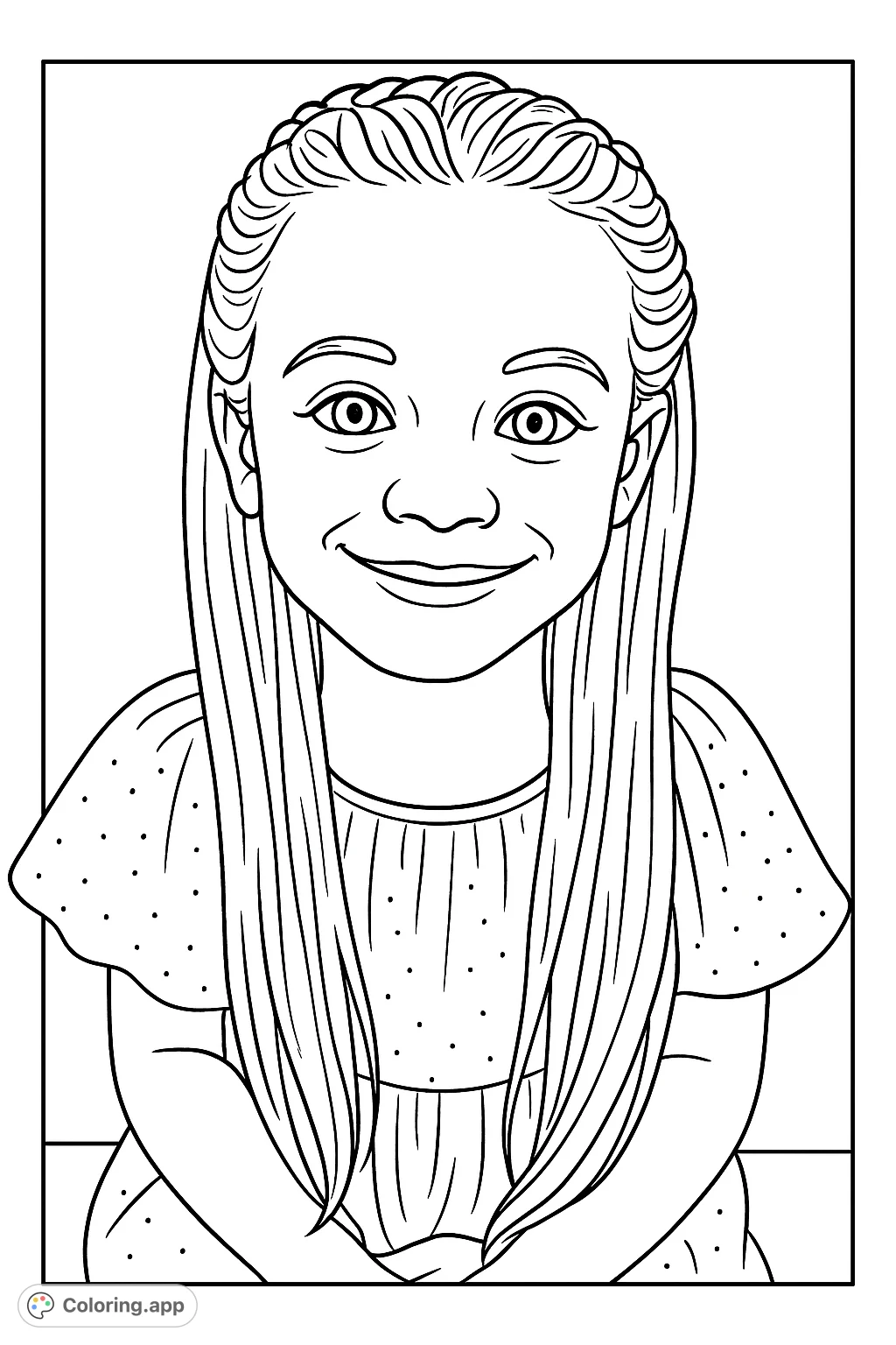 A charming young girl coloring page featuring a delightful portrait of a smiling girl with long braided hair and a textured dress. Perfect for creative coloring fun!