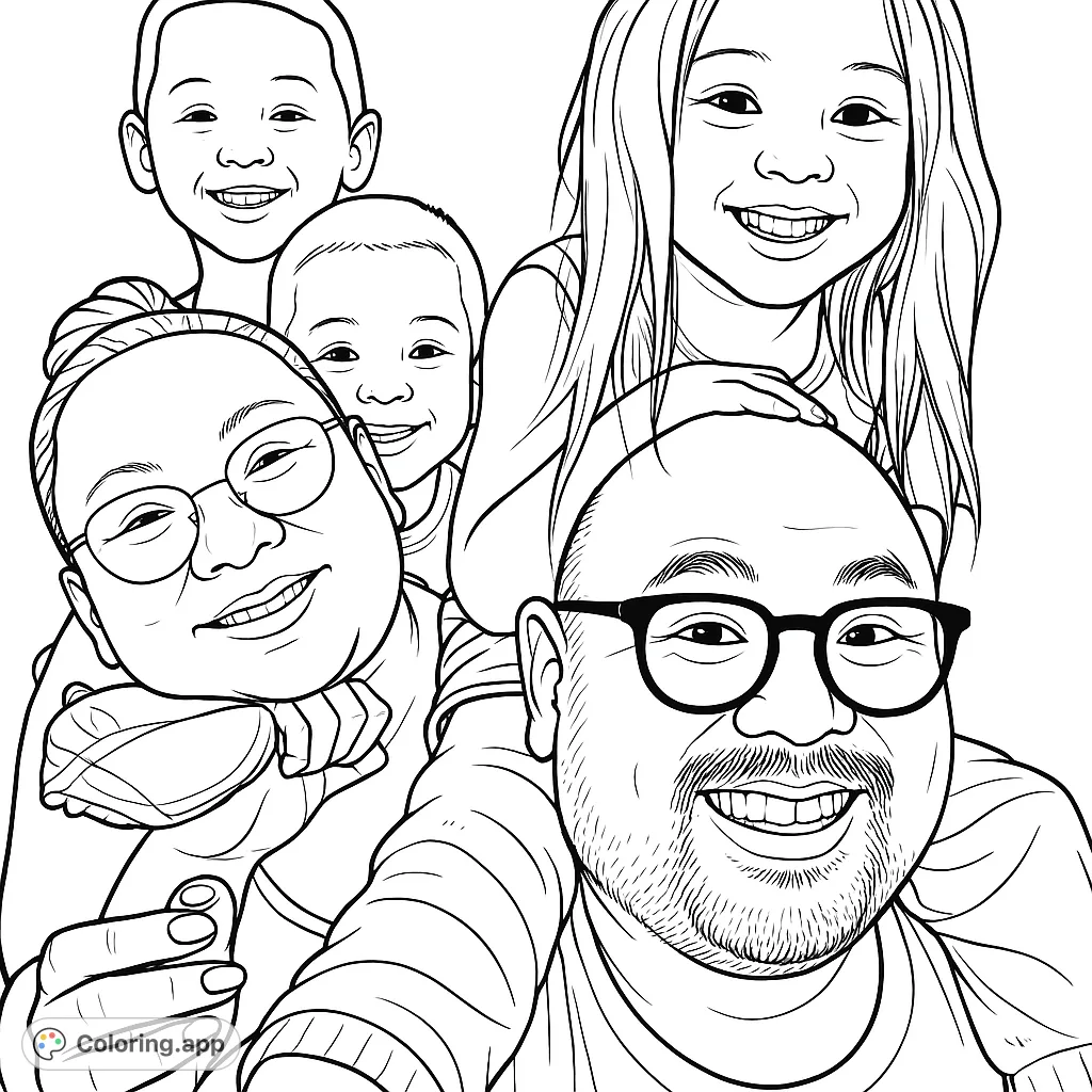 Capture the warmth of a smiling family of five. This delightful family portrait coloring page features parents and children, perfect for all ages.