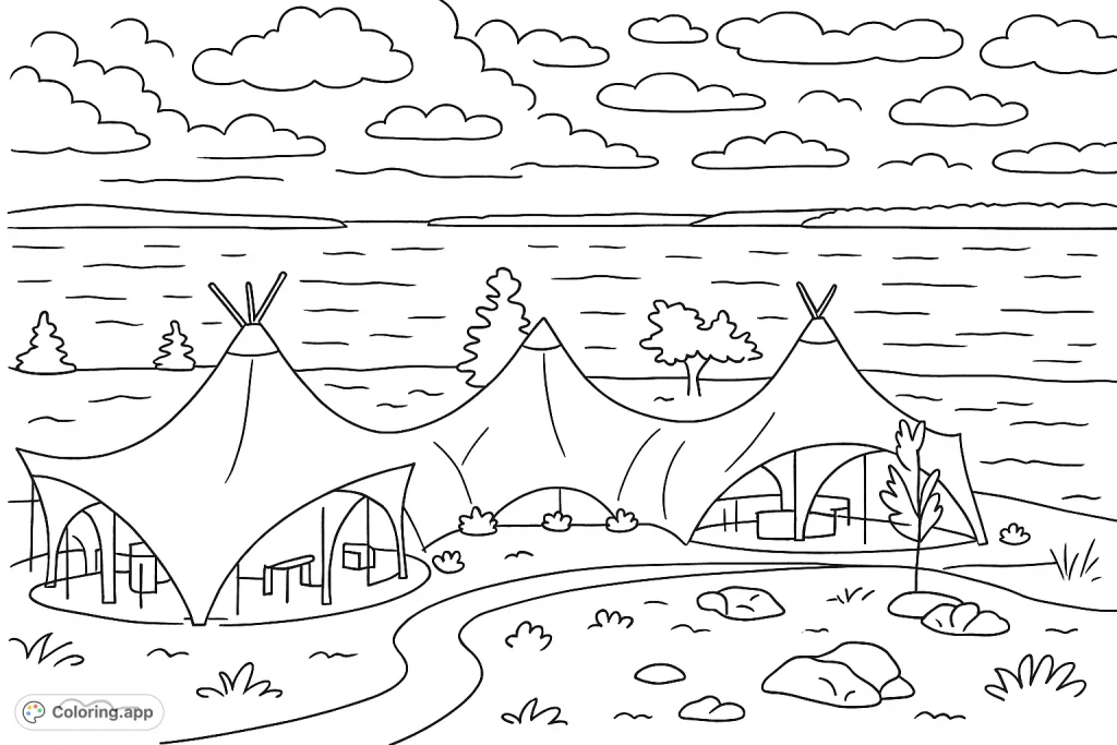 Explore a scenic waterfront setting featuring unique multi-peaked tents, a vast body of water, and a dynamic sky, perfect for a relaxing coloring escape.