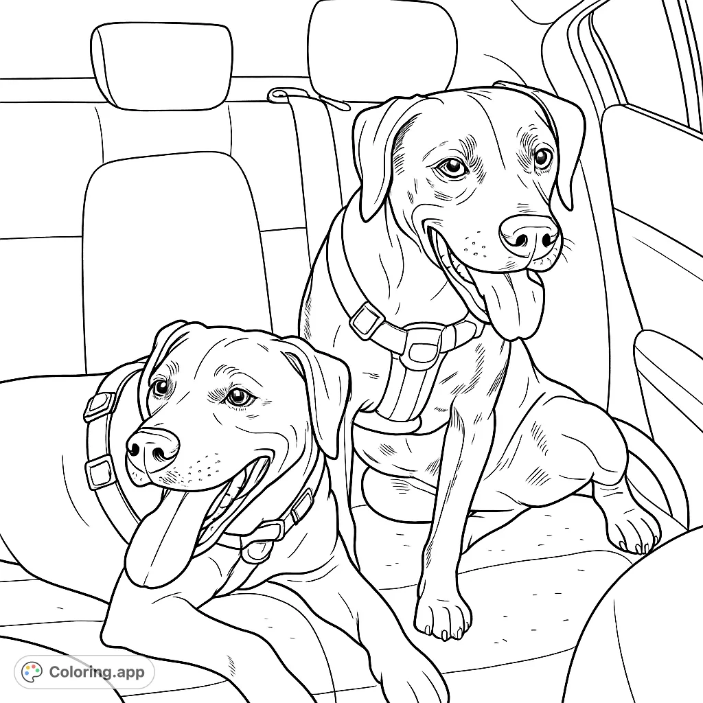Two happy dogs enjoy a car ride in the back seat, panting with excitement. Perfect for dog lovers and a fun, relaxing coloring activity.