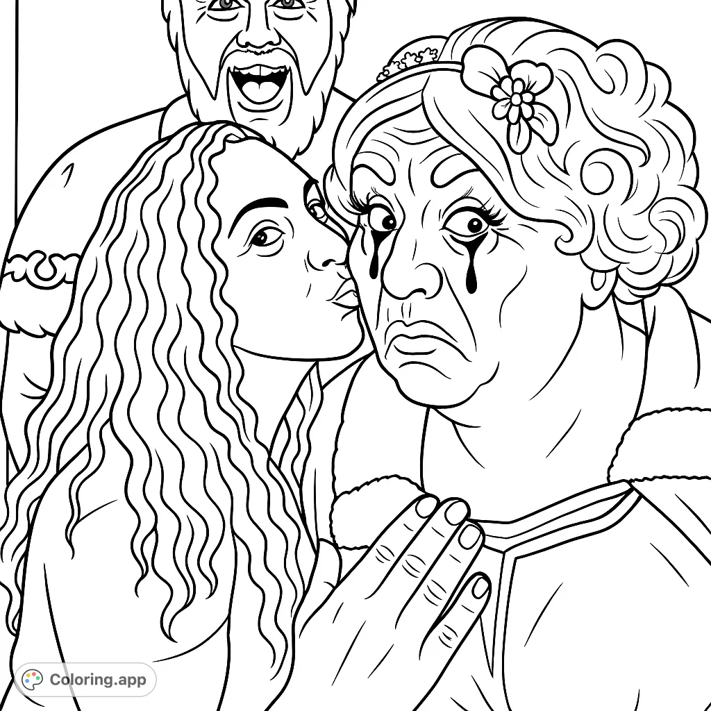 Dive into a joyous holiday scene featuring a delightful Mrs. Claus-like figure getting a kiss, with Santa laughing in the background. A whimsical coloring adventure!