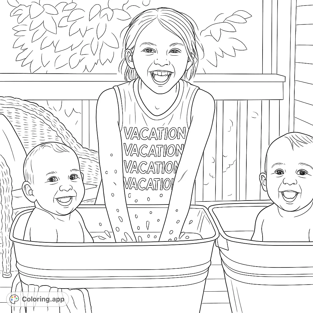 A joyful scene with an older child splashing water while two babies laugh in their bathtubs. Perfect for family-themed coloring!