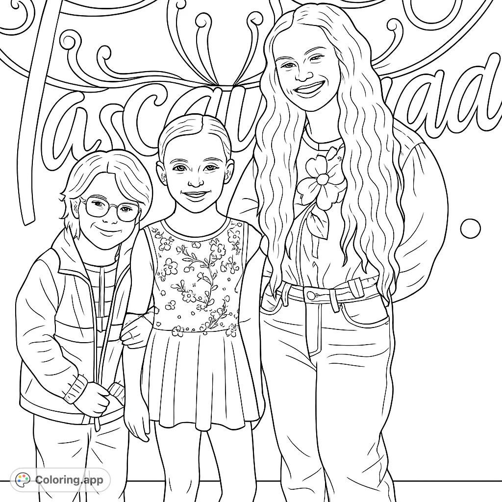 A heartwarming group portrait of three smiling individuals, one in a performance dress, others in casual attire, against a decorative, scripted backdrop.