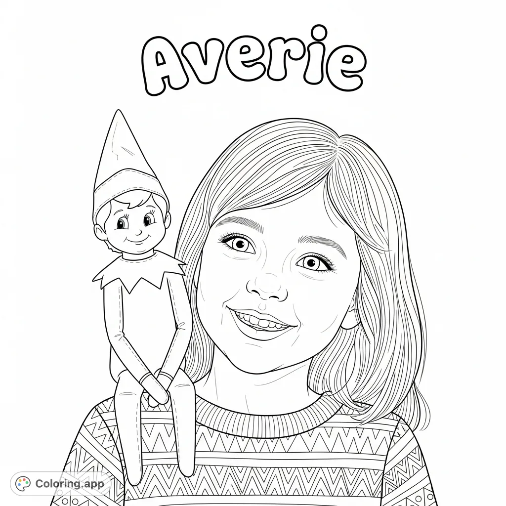 A delightful headshot coloring page featuring Averie and a mischievous Elf on the Shelf perched on her shoulder, perfect for festive fun.