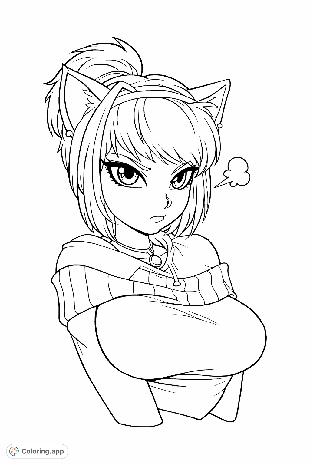 Color an expressive anime-style feline character with a charming pout and distinct features. This furry portrait offers a fun, detailed coloring experience.