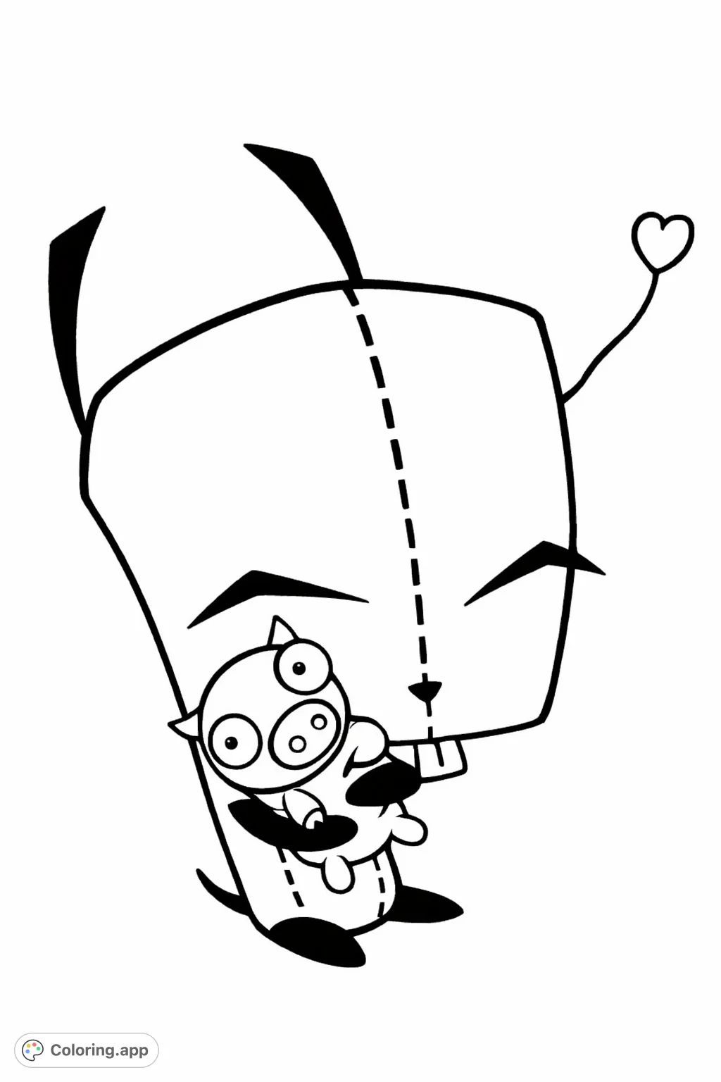 An endearing cartoon alien with antennae, a stitched face, and a heart, gently holding a charming pig. A fun pop culture coloring page for fans.