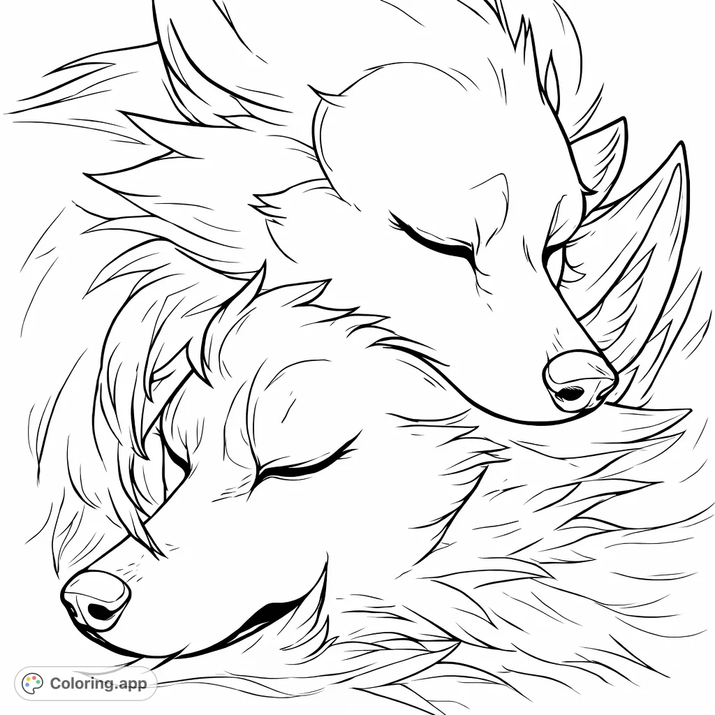 Discover an emotional connection with this two wolves coloring page. A tender embrace depicted with stylized fur, perfect for creative expression.