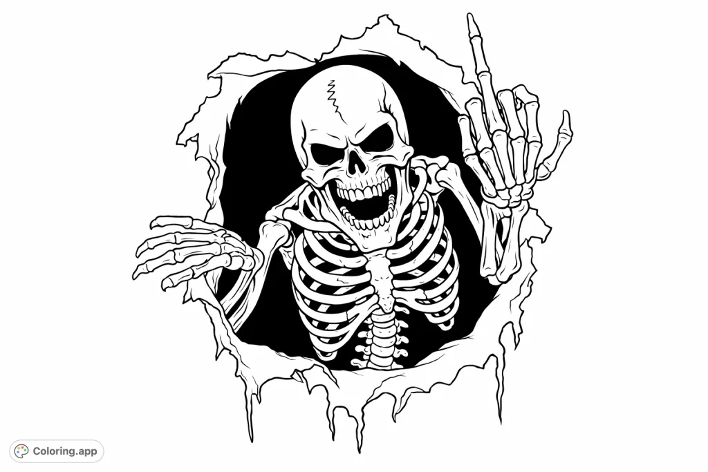 A powerful skeletal figure bursts from a jagged opening, making a defiant gesture. Perfect for an edgy, expressive coloring experience.