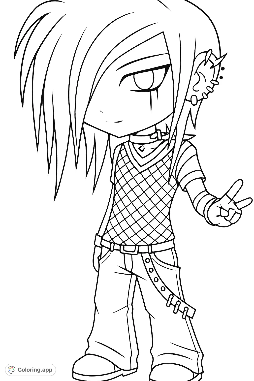 An edgy anime character with spiky hair, a mesh shirt, and buckled pants. Perfect for expressing alternative style and creativity.