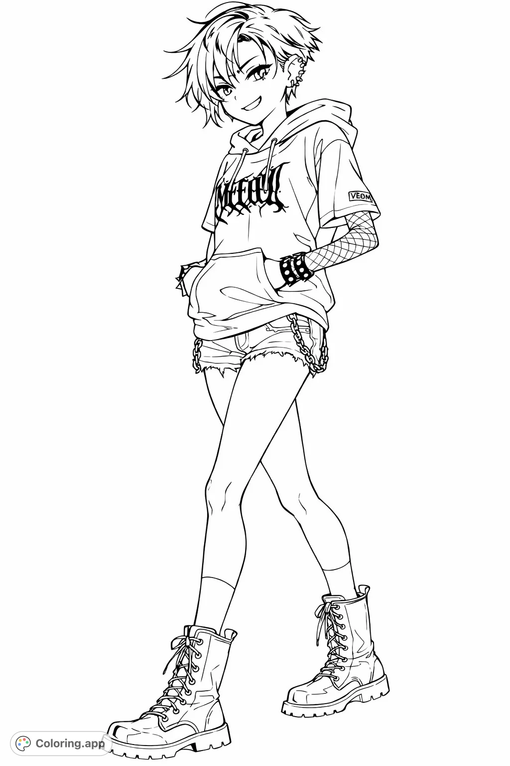 Color an edgy anime-style character sporting a cool hooded sweatshirt, distressed shorts, fishnet accessories, and chunky boots. Express your unique style!