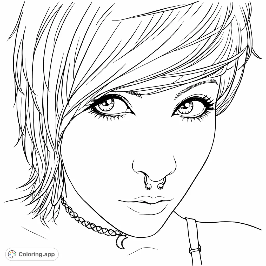 Color a captivating portrait featuring striking eyes, layered hair, a septum piercing, and a moon choker. Unleash your creativity on this unique, expressive face.