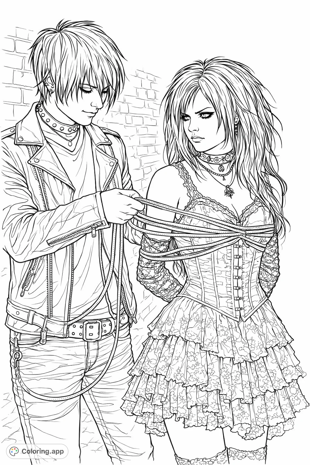An edgy gothic couple in an urban setting. A male figure with a leather jacket binds a female in a lace corset and tiered skirt with rope. Detailed fashion and atmosphere.