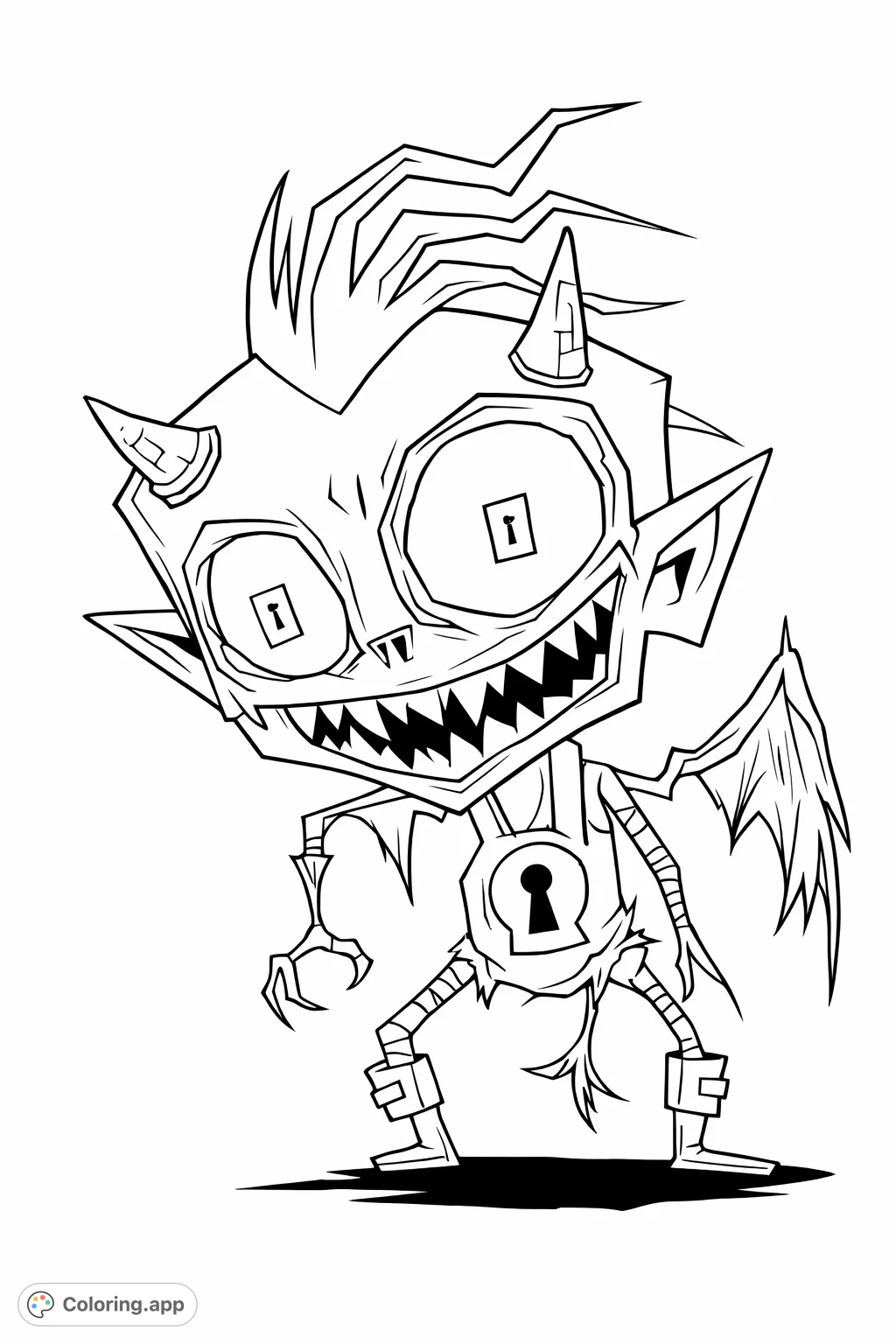 A quirky, grinning creature with spiky hair, horns, and a keyhole chest. Dive into a world of unique character design and bring this mischievous fiend to life!