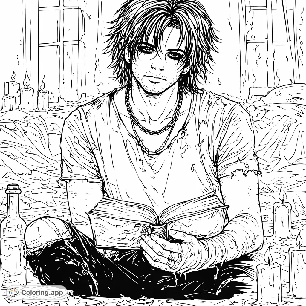 Uncover the secrets of this mysterious figure engrossed in an ancient book amidst a candlelit, weathered setting. A captivating scene for creative exploration.