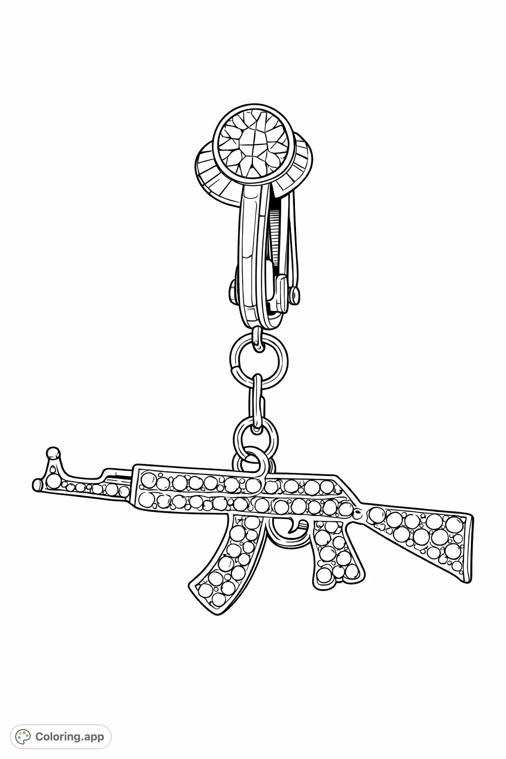 Color an intricate navel ring featuring a sparkling, faceted automatic rifle charm. A unique design for adult colorists exploring detailed metallic and gem textures.