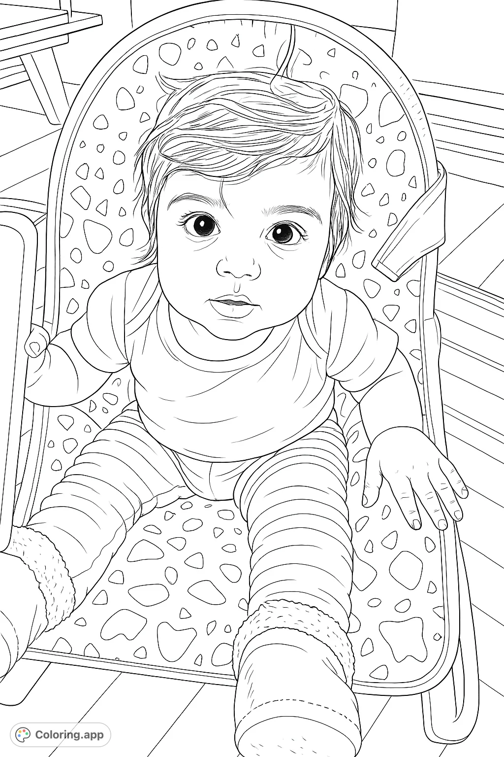 An adorable child sits comfortably in a high-backed seat, ready for a fun coloring adventure. Perfect for young artists and parents alike.