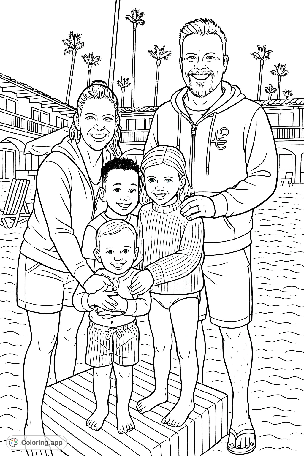 A joyful family of four poses on a sandy beach with palm trees and resort buildings, perfect for a happy family coloring page.
