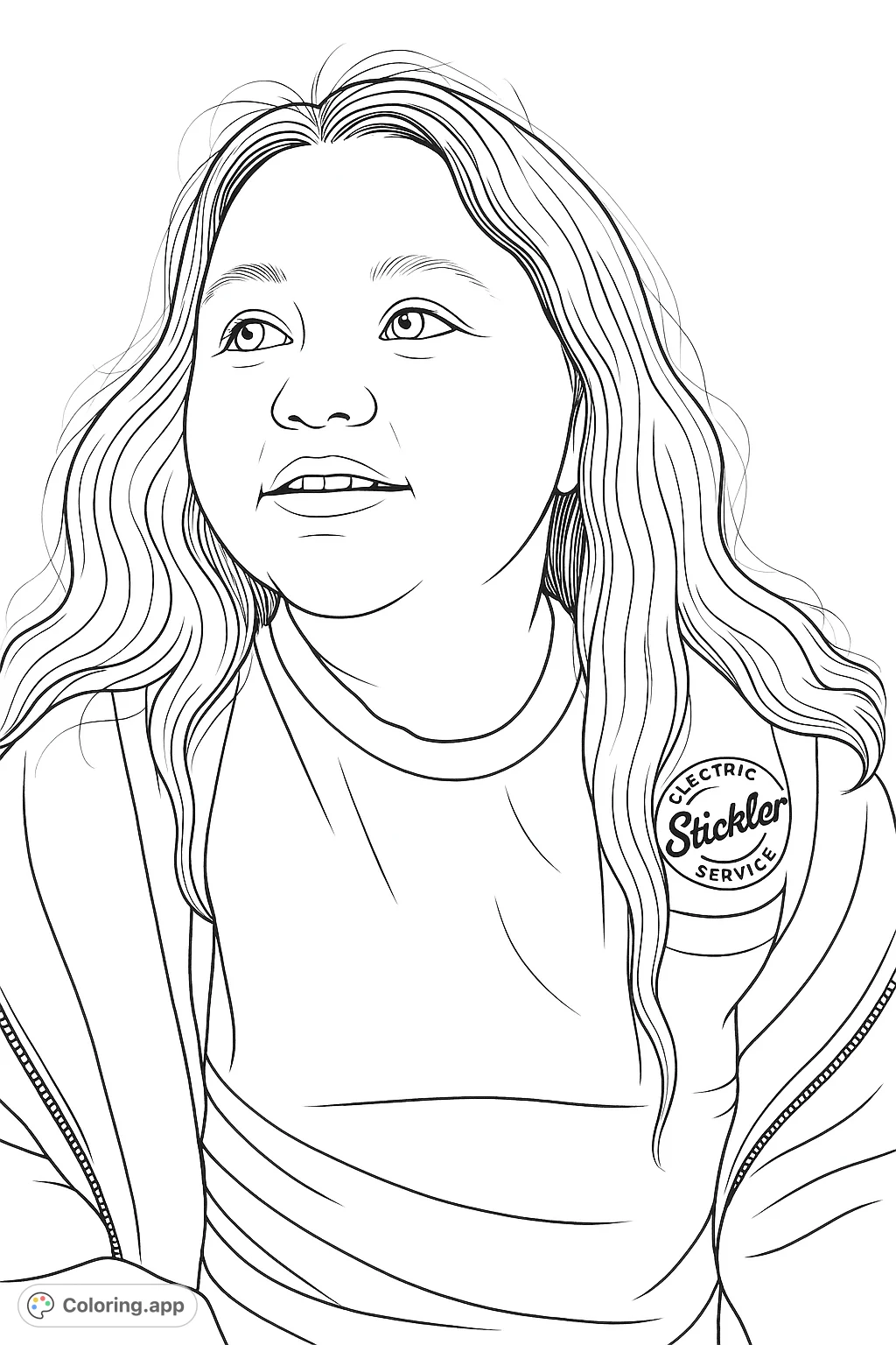 A charming coloring page featuring a thoughtful young girl with long hair, gazing upward with a gentle expression. Perfect for creative kids and beginners.