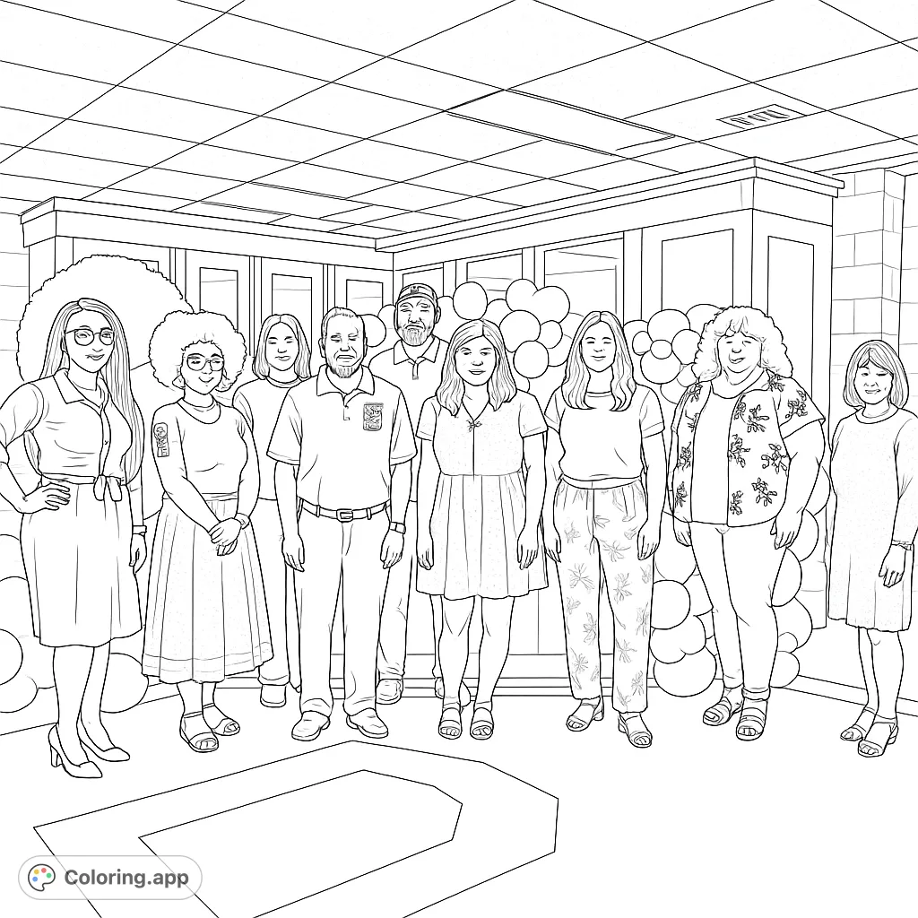 Capture a friendly gathering with eleven people and festive balloons. This group coloring page offers various characters and patterns for creative expression.