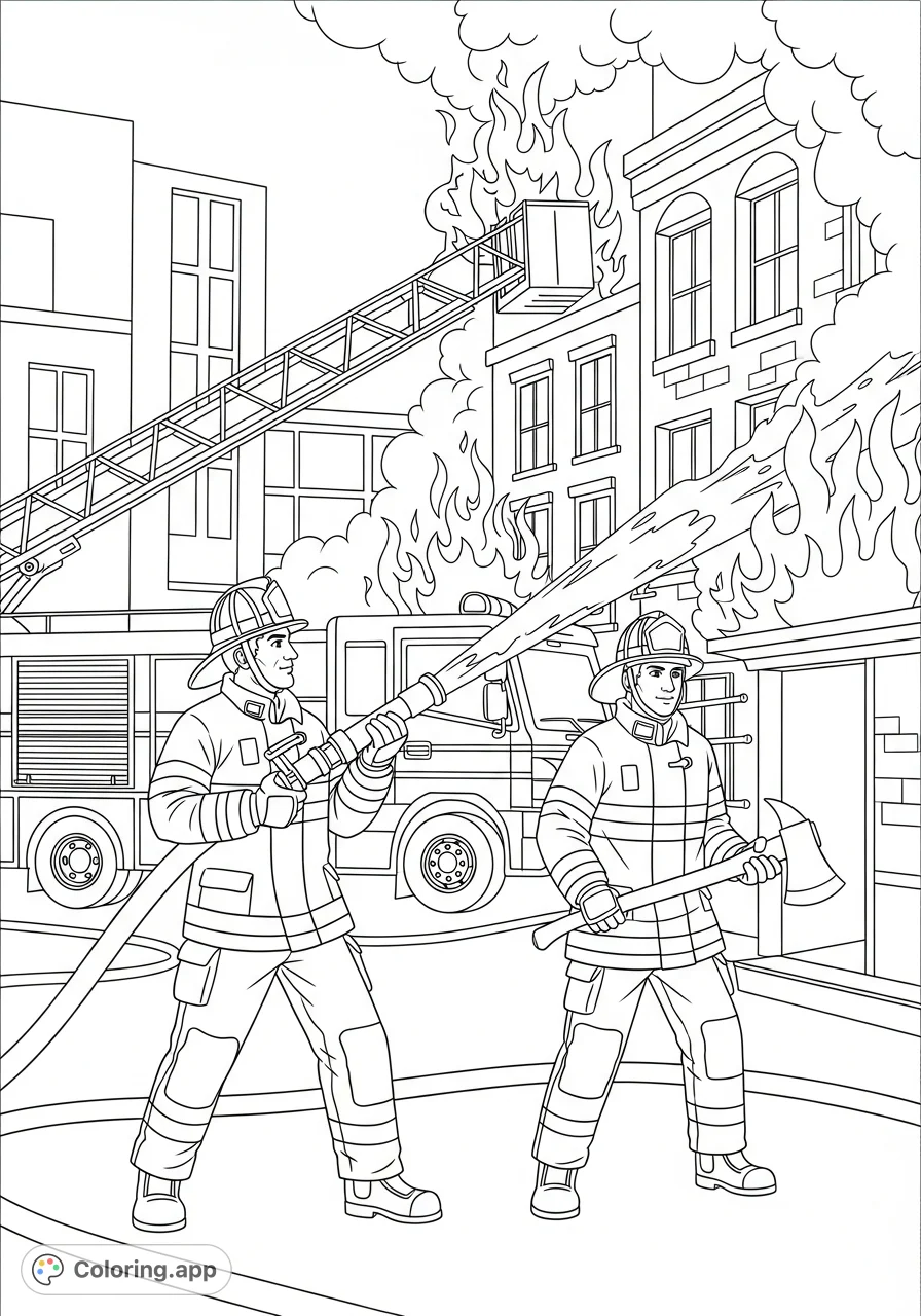 Witness brave firefighters in action! This dynamic coloring page features heroes with hoses and an axe, battling a blaze with a detailed fire truck as their backdrop.