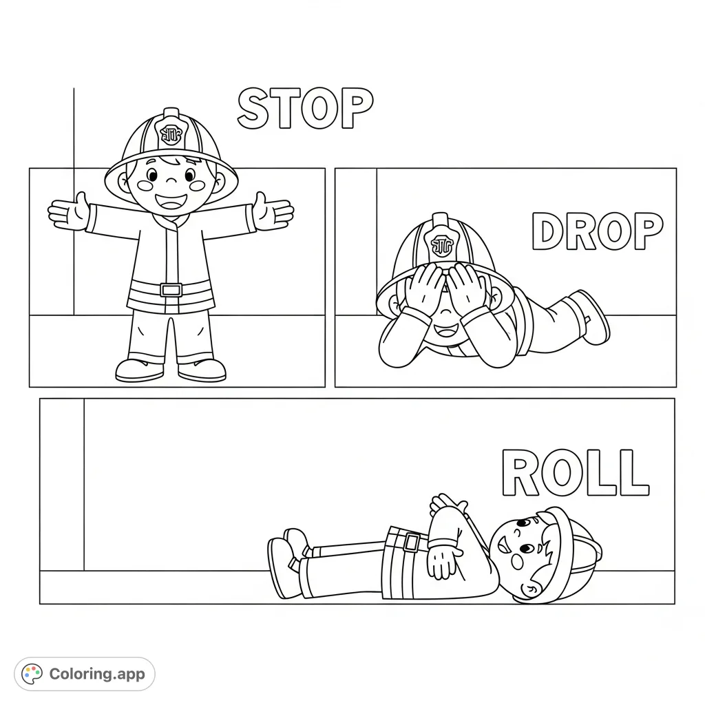 A vital fire safety coloring page showing a friendly character demonstrating the 'Stop, Drop, and Roll' technique. Perfect for teaching important safety lessons.
