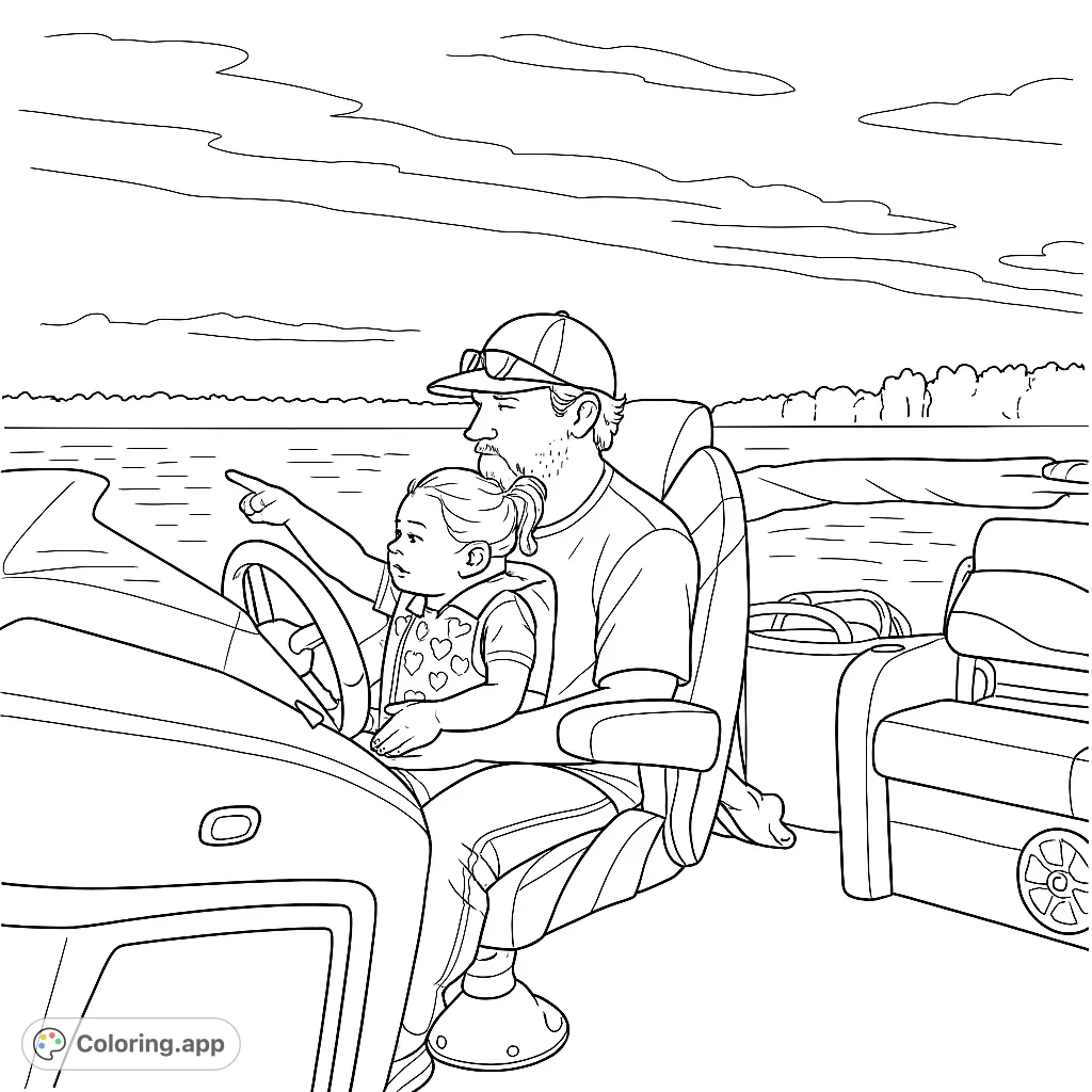 A heartwarming scene of a parent and child enjoying a boat ride on a serene lake, with the child pointing out something exciting on the water.